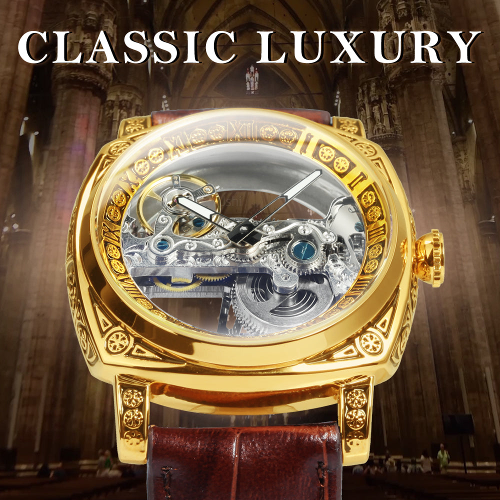 Luxury Transparent Skeleton Automatic Mechanical Watch for Men Engraved Case Golden Bridge Genuine Leather Strap Watches