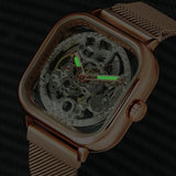 WINNER Automatic Watch Men Skeleton Mechanical Carved Square Dial Magnet Mesh Strap