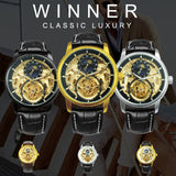 WINNER Men's Fashion Sport Automatic Mechanical Watch Black Leather Strap Luminous Watch