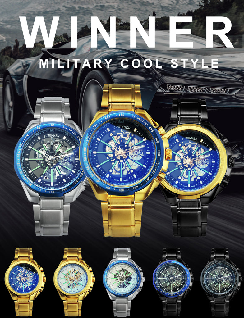WINNER Brand Top Luxury Automatic Mechanical Watch Men Skeleton Dial Blue Mirror Case Fashion Military Wristwatches Stainless Steel Strap Clock
