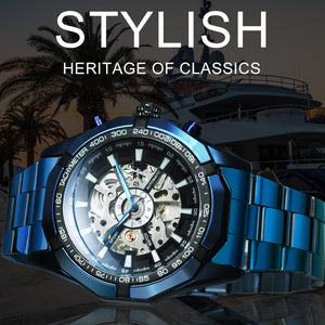 WINNER Fashion Blue Automatic Mechanical Skeleton Mens Watch Stainless Steel Strap 188
