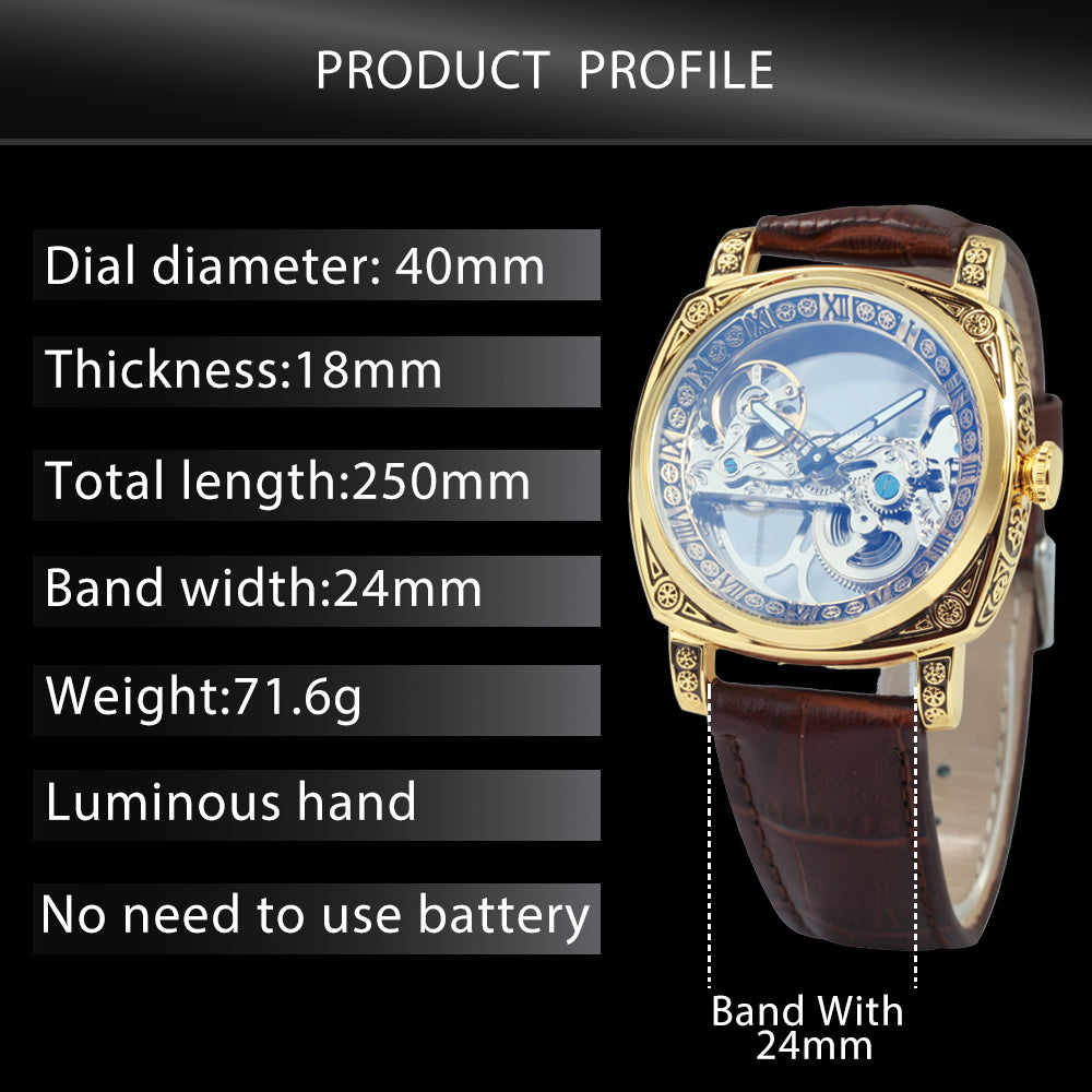 Luxury Transparent Skeleton Automatic Mechanical Watch for Men Engraved Case Golden Bridge Genuine Leather Strap Watches