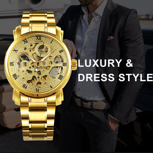 WINNER Top Brand Men's Classic Steel Belt Watch Hollow Automatic  Mechanical Watch
