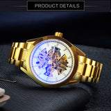 WINNER Official Fashion Automatic Watch Men Skeleton Mechanical Watches Classic Business Golden Clock Stainless Steel Strap NEW