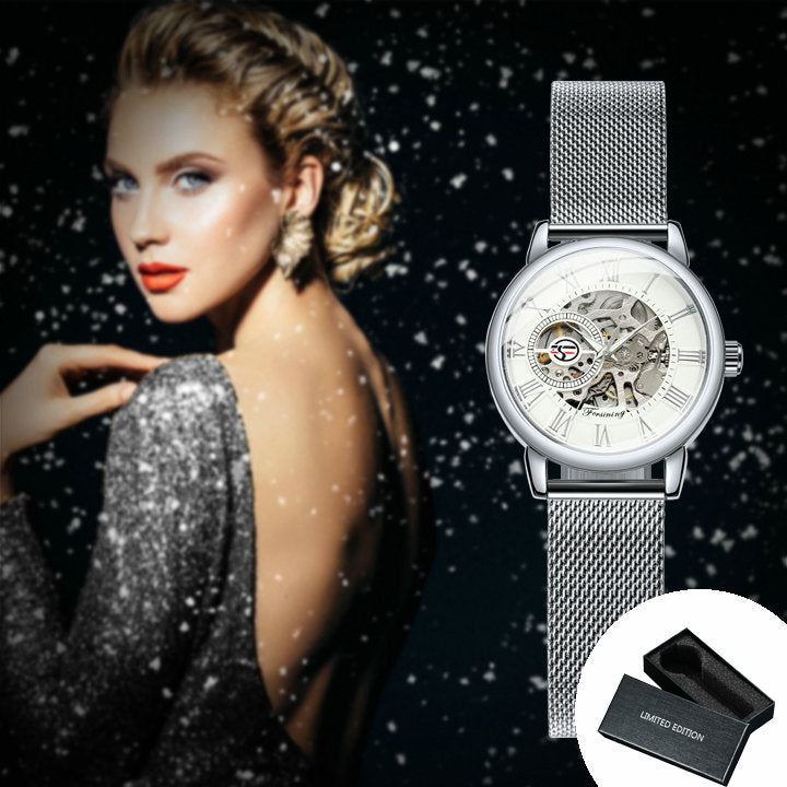 Forsining Fashion Elegant Rose Gold Mechanical Watch for Men Mesh Stainless Steel Strap Luxury Ladies Watches