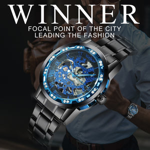 WINNER Top Brand Hand-wind Mechanical Classic Hollow Dial Stainless Steel Strap Watch