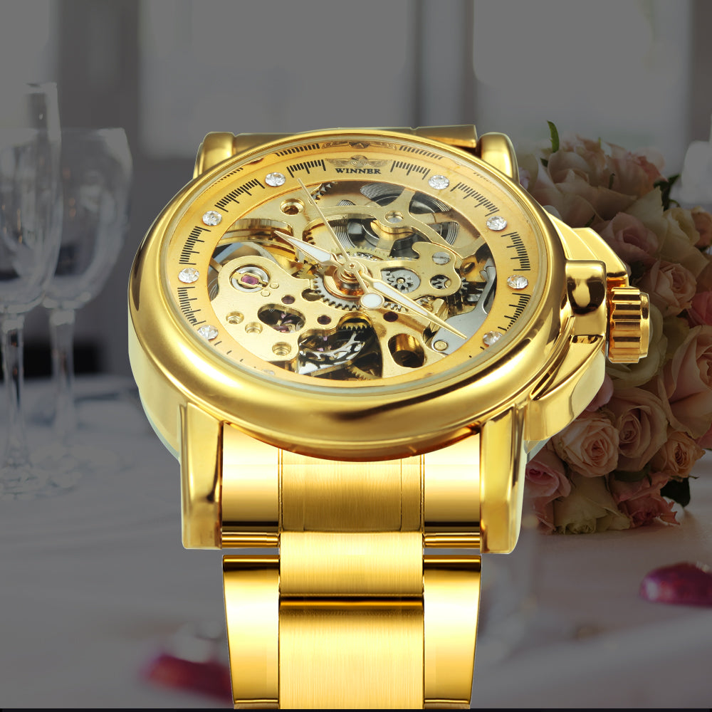 WINNER Women Watch Hollow Automatic Mechanical Diamond Watch Gold Stainless Steel Strap