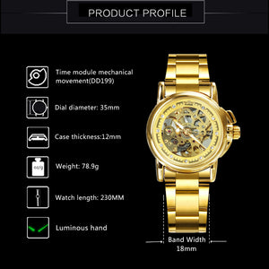 WINNER Women Watch Hollow Automatic Mechanical Diamond Watch Gold Stainless Steel Strap