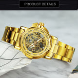 WINNER Men's Watch Men's Watch Hollow Automatic Mechanical Diamond Watch Gold Stainless Steel Strap