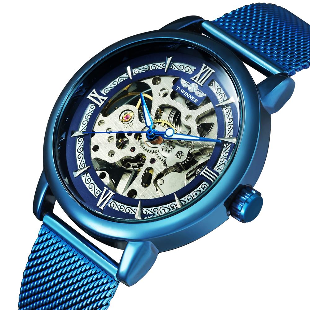 WINNER Top Brand Classic Hollow Hand-wind Mechanical Watch Fashion Blue Woven Mesh Wrist Watch