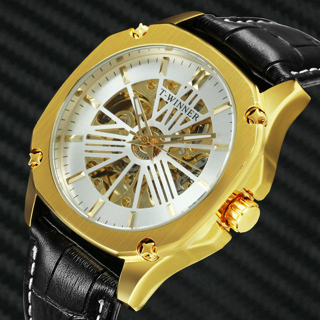 Luxury Brand mens Watches Automatic Skeleton Mechanical Genuine Leather Strap WINNER Wristwatch