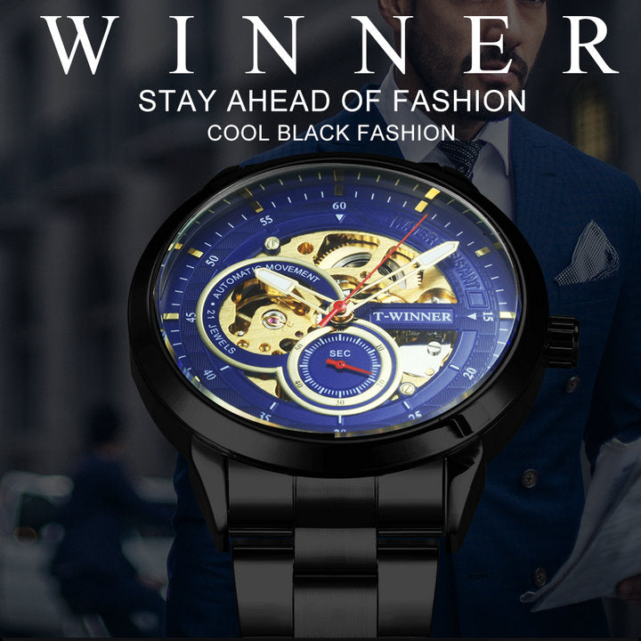 WINNER Automatic Watch Men Blue Dial Stainless Steel Strap Watches Luxury Wristwatches for Man