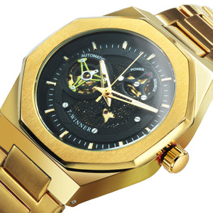 WINNER Official Business Automatic Watch Men Luxury Golden Skeleton Mechanical Watches Stainless Steel Strap Steampunk Clock