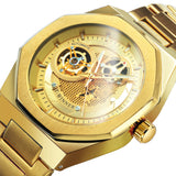 WINNER Official Business Automatic Watch Men Luxury Golden Skeleton Mechanical Watches Stainless Steel Strap Steampunk Clock