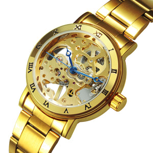 WINNER Official Skeleton Watch Women Top Luxury Brand Automatic Mechanical Watches Golden Steel Strap Elegant Dress Lady Clock