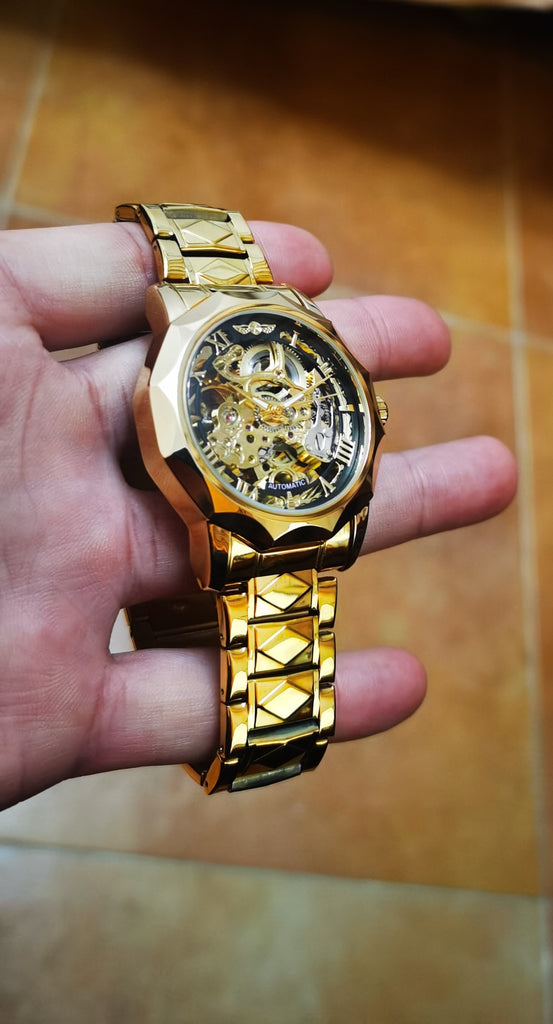 WINNER Luxury Skeleton Mechanical Dodecagon Case Engraved Movement Watch 527G