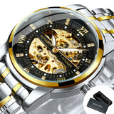 WINNER Black Gold Skeleton Automatic Mechanical Watch TM349 Stainless Steel Strap Fashion Diamond Luminous Hands Mens Watches