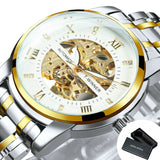 WINNER Black Gold Skeleton Automatic Mechanical Watch TM349 Stainless Steel Strap Fashion Diamond Luminous Hands Mens Watches