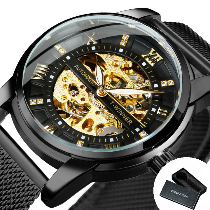 WINNER Luxury Gold Skeleton Automatic Mechanical Watch TM349 Fashion Diamond Luminous Hands Mesh Stainless Steel Strap Classic Mens Watches