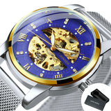 WINNER Luxury Gold Skeleton Automatic Mechanical Watch TM349 Fashion Diamond Luminous Hands Mesh Stainless Steel Strap Classic Mens Watches
