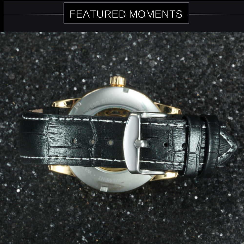 WINNER Men's Fashion Sport Automatic Mechanical Watch Black Leather Strap Luminous Watch