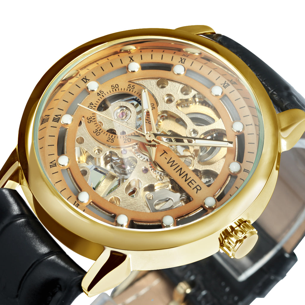 Classic Retro Hand Wind Mechanical Watches for Men Gold Skeleton WINNER Watch W660H