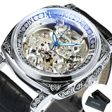 Luxury Vintage Square Skeleton Automatic Mechanical Watch for Men Engraving Case Luminous Hands Genuine Leather Strap
