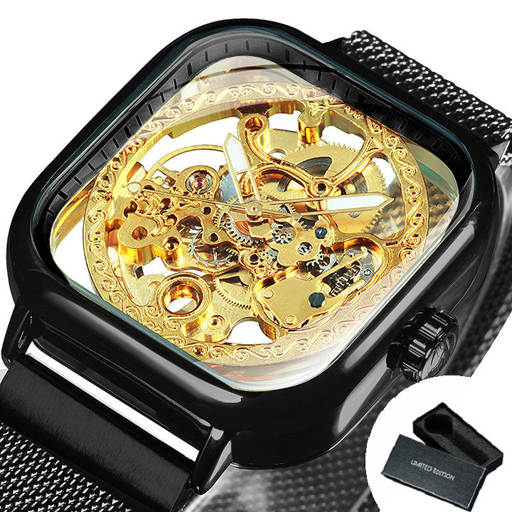 Vintage Gold Square Skeleton Automatic Mechanical Watch Engraving Movement Unisex Winding Watches for Men Stainless Steel Strap Forsining