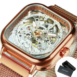 Vintage Gold Square Skeleton Automatic Mechanical Watch Engraving Movement Unisex Winding Watches for Men Stainless Steel Strap Forsining