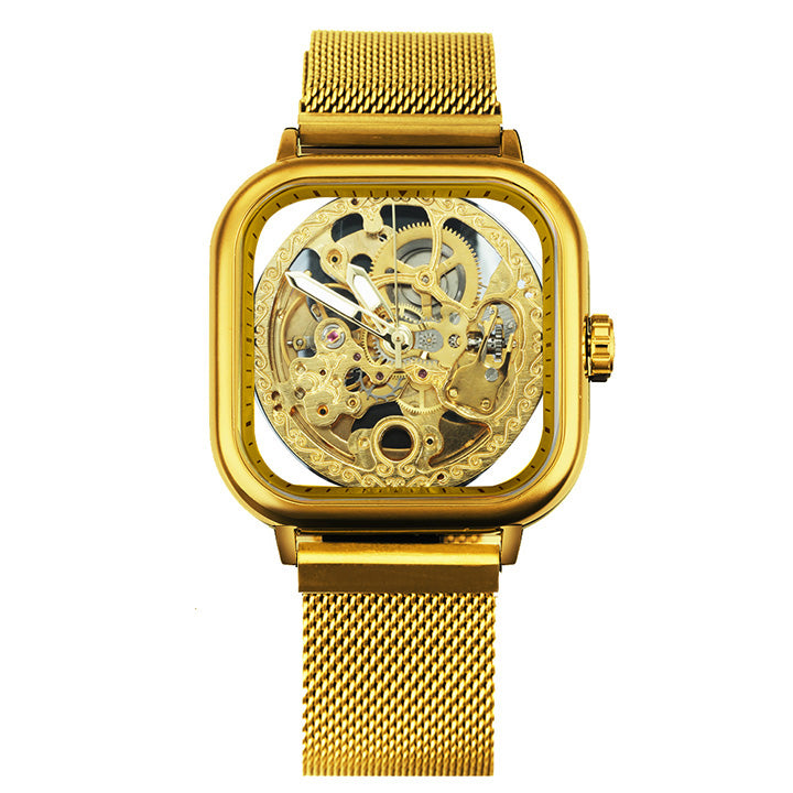 WINNER Automatic Watch Men Skeleton Mechanical Carved Square Dial Magnet Mesh Strap