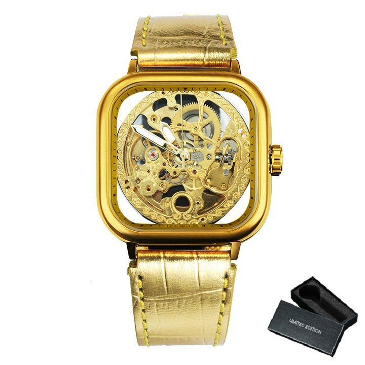 Transparent Gear Golden Flower Movement Genuine Leather Automatic Watch Men Skeleton Mens Watches F075P