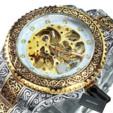 WINNER Automatic Mechanical Men Watch Gold Skeleton Royal Top Brand Luxury Wrist Watches For Men Carved Stainless Steel Strap