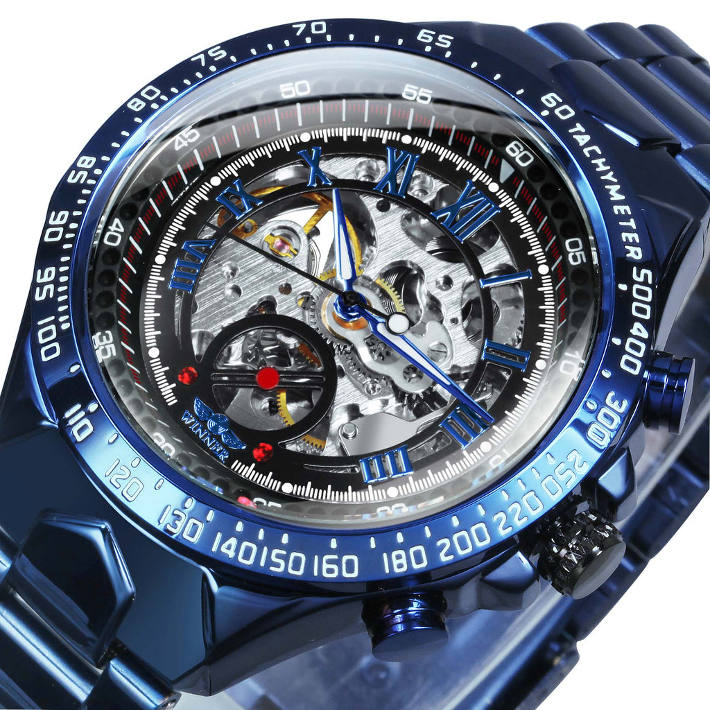 WINNER Blue Steampunk Skeleton Automatic Mechanical Mens Watch 125