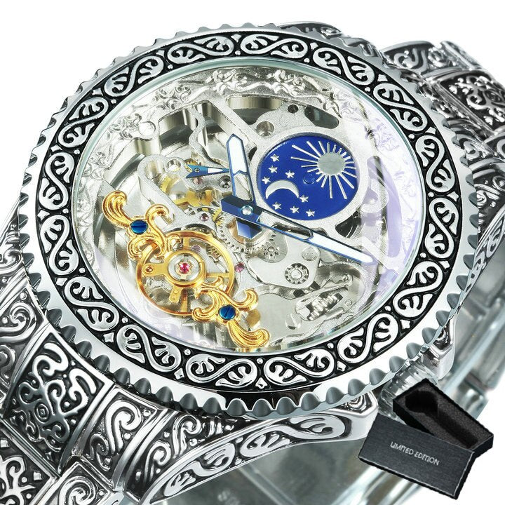 WINNER Automatic Mechanical Tourbillion Watch Moon Phase Carved Case Skeleton Dial Stainless Steel Strap 525