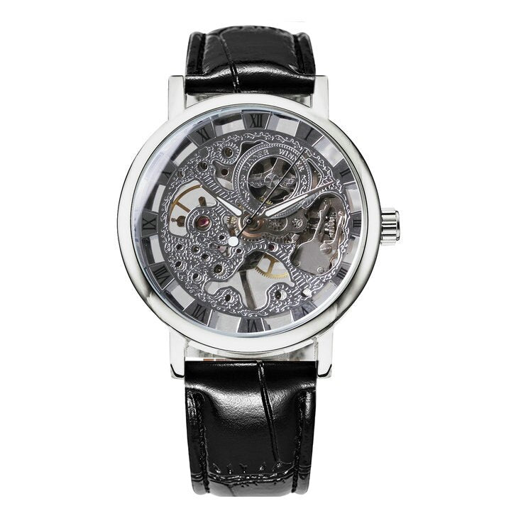 WINNER Silver Skeleton Watch for Men Mechanical Wristwatches Fashion Mens Watches Top Brand Luxury Leather Strap montre homme