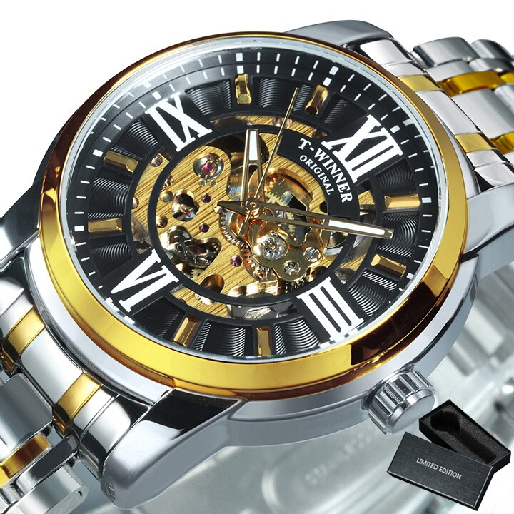 WINNER Fashion Luxury Skeleton Automatic Mechanical Mens Watch Top Brand Stainless Steel Strap 523