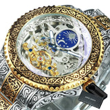 WINNER Man Tourbillon Watch Gold Skeleton Mens Watches Top Brand Luxury Carving Mechanical Moon Phase Retro Steel Strap Clock