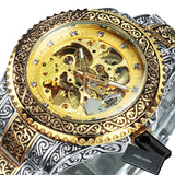 WINNER Automatic Mechanical Men Watch Gold Skeleton Royal Top Brand Luxury Wrist Watches For Men Carved Stainless Steel Strap