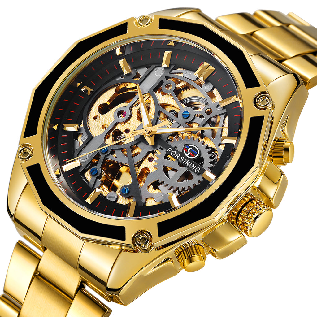 FORSINING Luxury Series Steampunk Men Automatic Mechanical Watch Golden Stainless Steel Strap Skeleton Design - T-WINNER WATCH