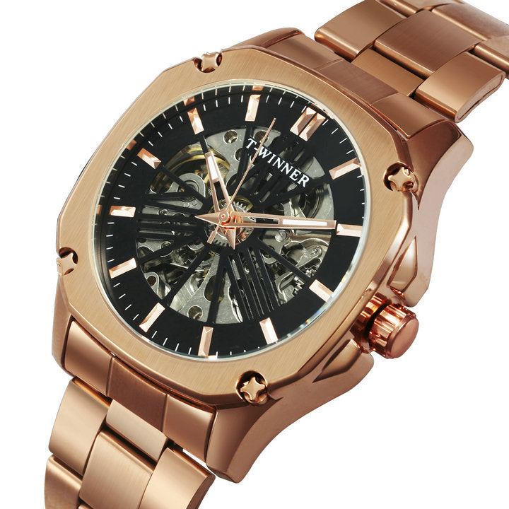 WINNER Mens Watch Automatic Watch Men Stainless Steel Strap Square Rose Golden Wristwatch