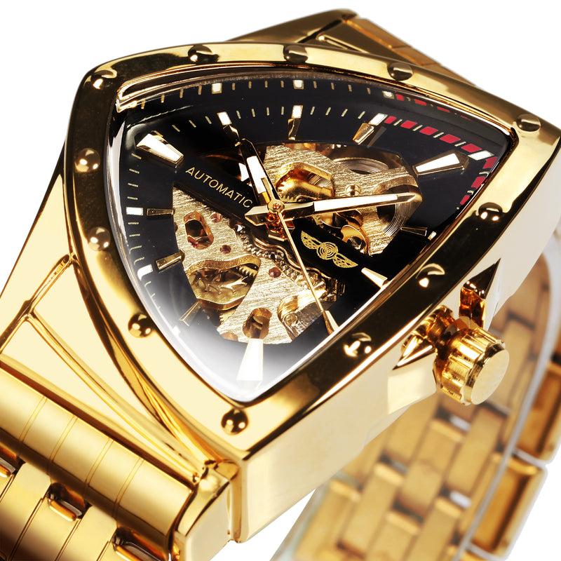 WINNER Triangle Skeleton Watch Luminous Hands Gold Black Stainless Steel Strap Clock 526G
