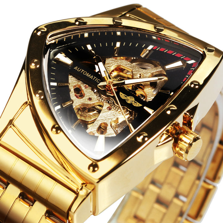 WINNER Triangle Skeleton Gold Black Watch for Men Automatic