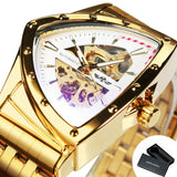 WINNER Triangle Skeleton Watch Luminous Hands Gold Black Stainless Steel Strap Clock 526G