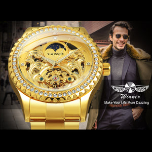 WINNER Luxury Gold Skeleton Automatic Mechanical Tourbillon Watch for Men