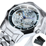 WINNER Silver Irregular Skeleton Business Automatic Mechanical Watch for Men Luxury Stainless Steel Strap Blue Luminous Hands Fashion Watches