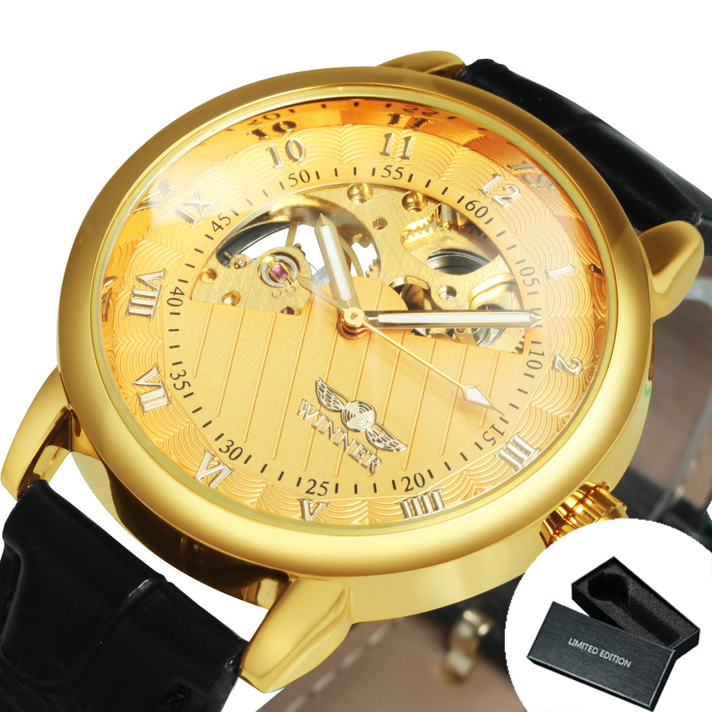 WINNER Classic Gold Skeleton Mechanical Watch Luminous Hands W660H Hand Wind Watches