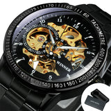 WINNER Steampunk Gold Skeleton Automatic Mechanical Watch for Men H216M Stainless Steel Strap