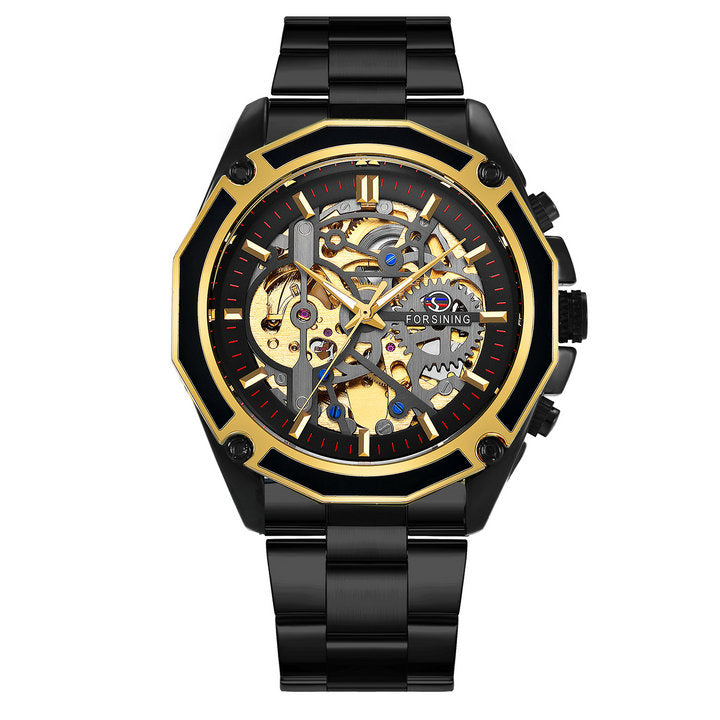 FORSINING Luxury Series Steampunk Men Automatic Mechanical Watch Golden Stainless Steel Strap Skeleton Design - T-WINNER WATCH