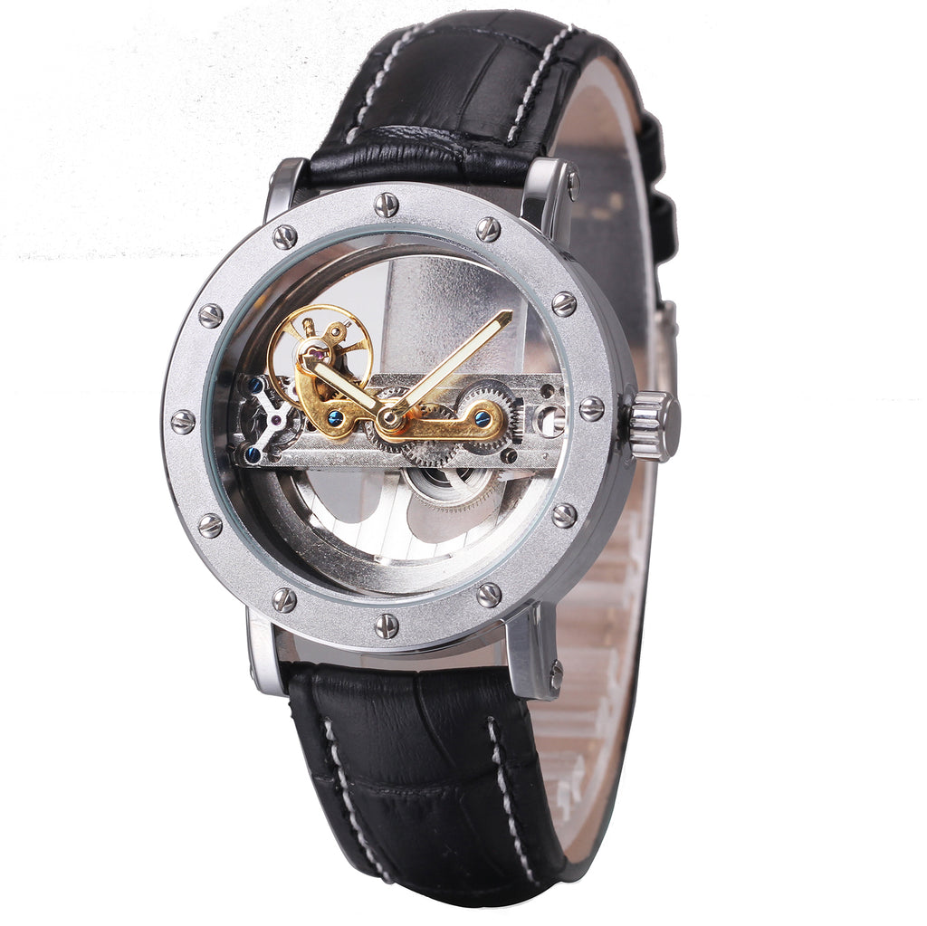 WINNER Men's Form Bridge Watch Full Automatic Mechanical Watch Belt Double-sided Hollow Watch