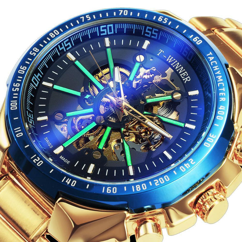 WINNER Official Automatic Mechanical Gold Watch Men Big Case Luxury Fashion Skeleton Luminous Military Business Blue Silver Top